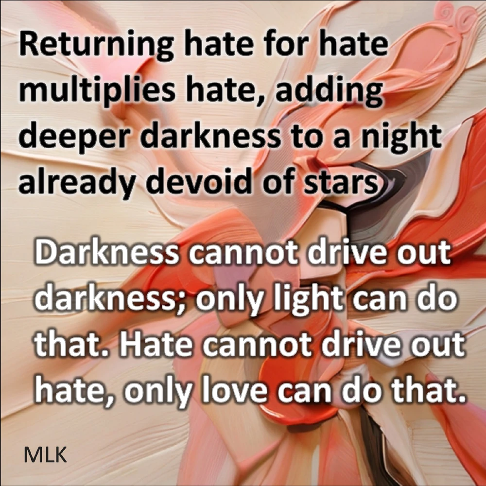 An image about the MLK quote which talks about light and darkness, that hate cannot drive out hate, only love can do that.