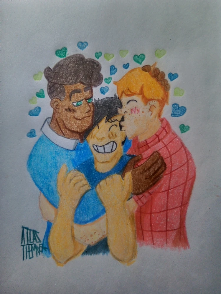 Drawing of Dex, Nursey, and Chowder from webcomic "Check, Please!" In a group hug with Chowder in the middle