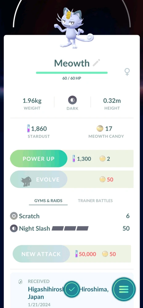 Meowth Pokemon GO stats screen showing it was received from a gift from Hiroshima, Japan.