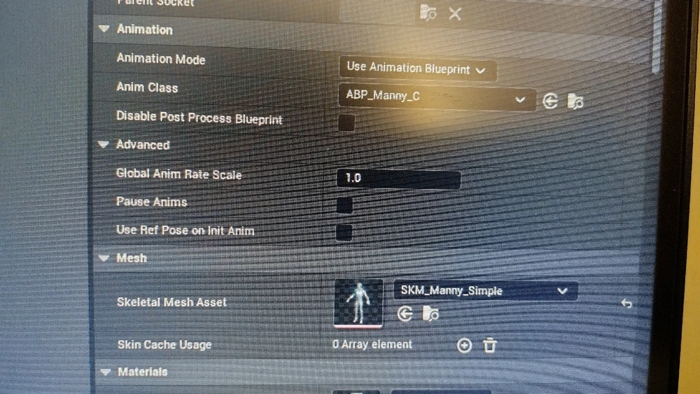 Cellphone shot of a computer monitor with some values for a character blueprint in UnrealEngine 5.