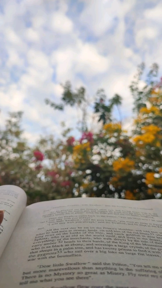 Reading book looking at the birds chirping and the butterflies sitting on the pretty flowers. Sun shining and clouds. 