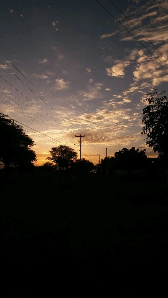 Night sky with sun setting down. Clouds shattered I'm the sky with a golden lights 