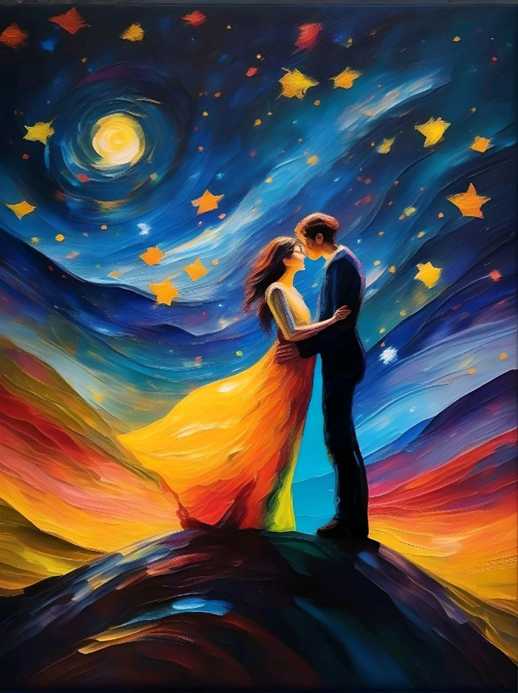 My AI generated art. Two lovers a top a hill embracing in the wind, while the stars flurry in the background. 
