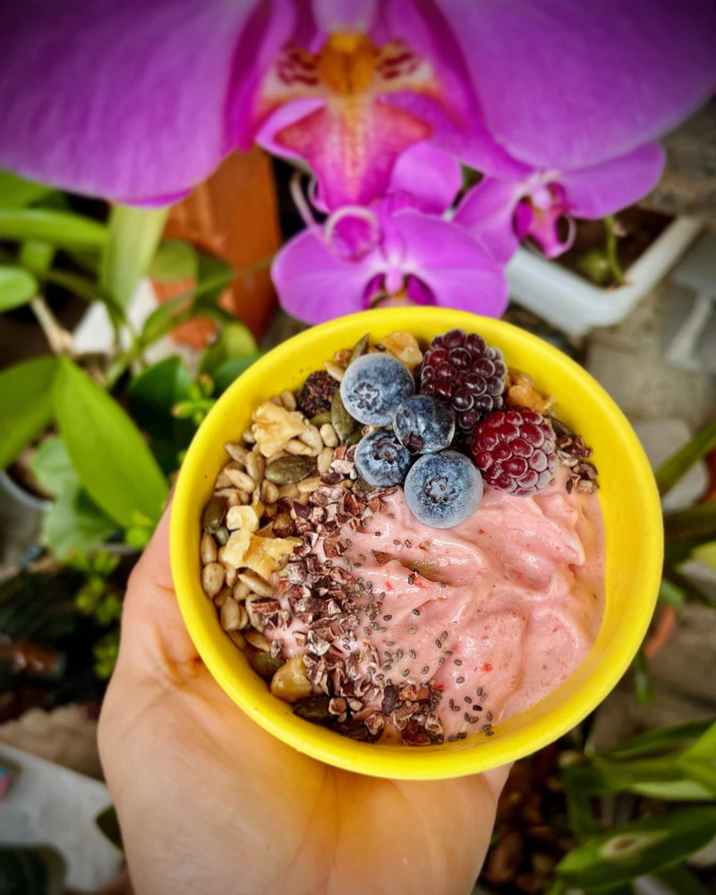 Bowl com smoothie de banana com morango congelados, decotados com mirtilo, amora, nuts, chia e nibs de cacau.