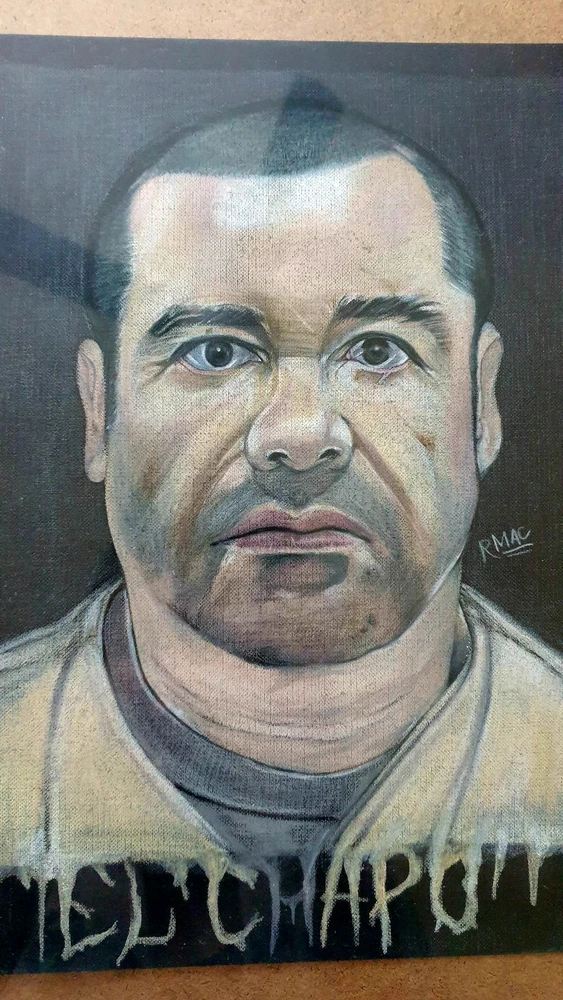 Joaquin "El Chapo" Guzman colorpencil portrait of his jail mugshot. Drawn with Derwents colorsoft color pencils.