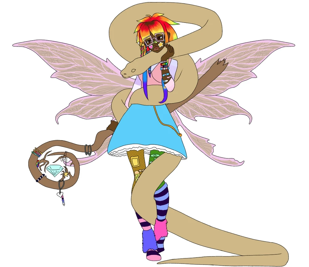A black girl with fairy wings and rainbow hair, shes wearing a lot of colors. She has a giant python wrapped around her