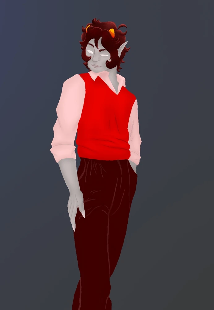 Kankri Vantas in black slacks, a white collared shirt, and a red sweater vest