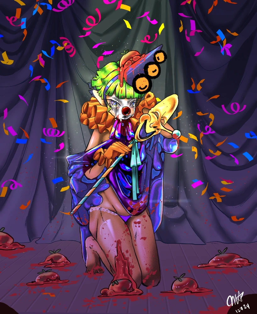 A sad clown sits on stage,waiting for acknowledgement,the mercy of an audience after giving their all only to see it was not 