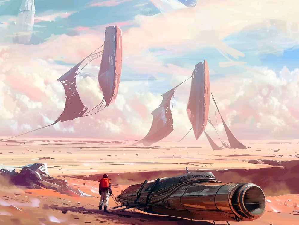 In a plain flat desert, with some odd rock formations in the distance. A man with a sand sled, watches the horizon.