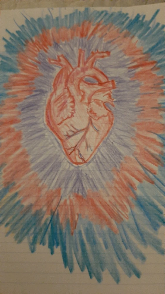 Crayon drawing of anatomical heart with blue and red burst pattern going outward from heart.