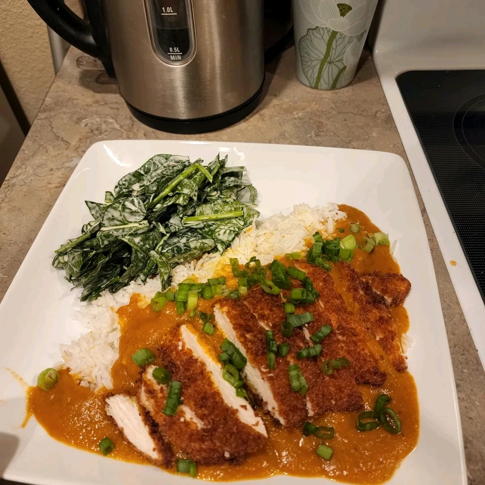 Chicken Katsu with creamy mustard spinach.