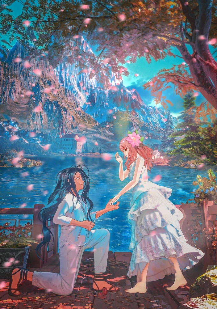 A man with long flowy blue hair kneeling down while proposing with a ring in hand to a woman with brunette hair.