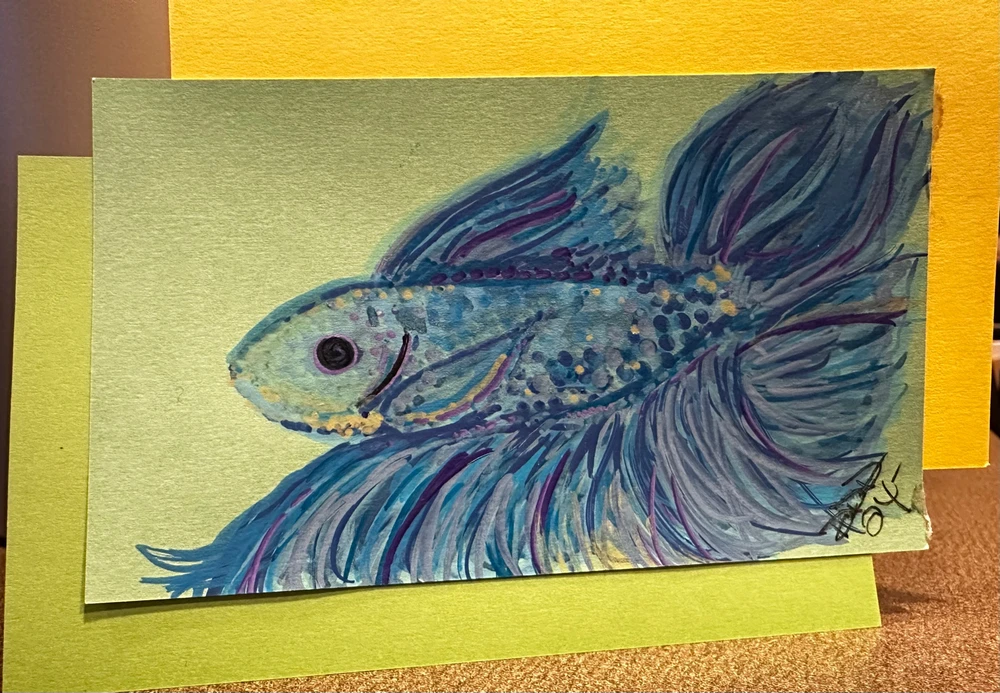 Blue Betta fish drawing made with markers on cardstock