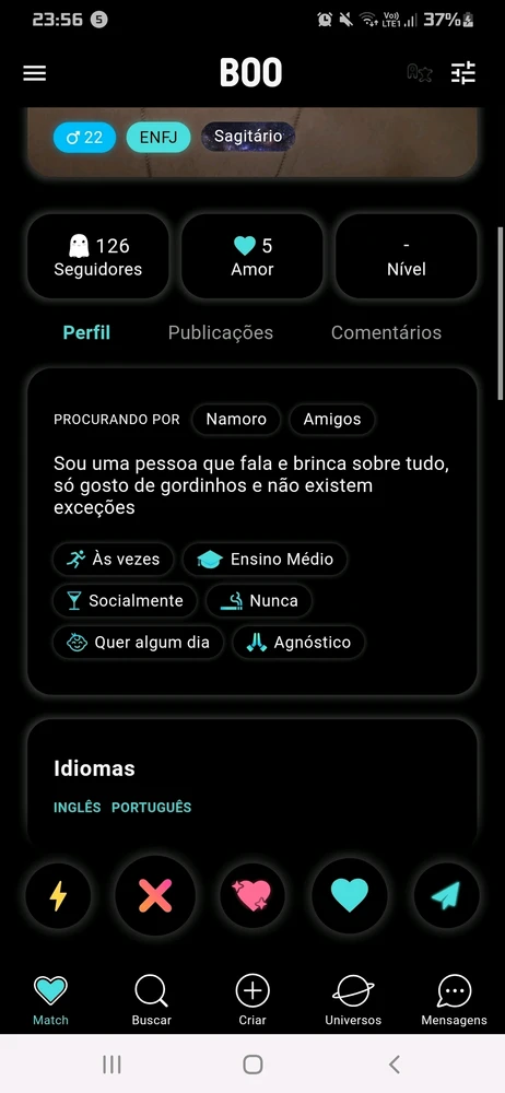 Na imagem mostra a bio da pessoa dizendo que só gosta de pessoas gordinhas, e nenhuma exceção é aceita.