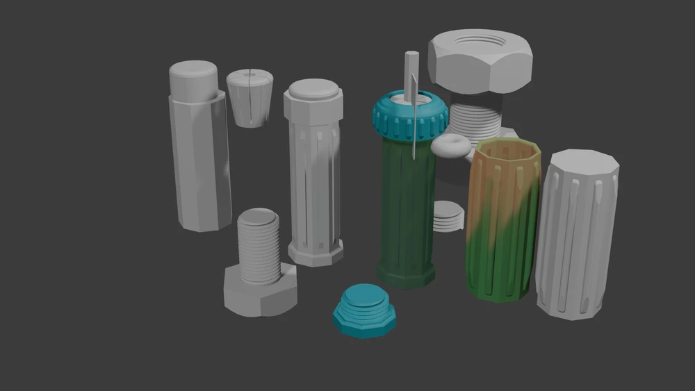 A 3d environment with bolts, grips, nuts and screw driver handles displaying an iterative process from simple to complete.