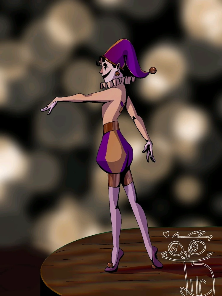 An androgunous jester with a yellow and purple costume is on a stage with blurry lights on the background. 