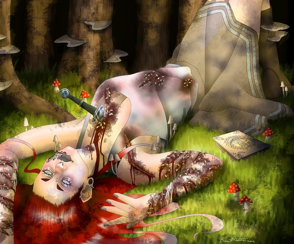 A decaying body laying in a field of grass with a dagger in her chest and a book beside her