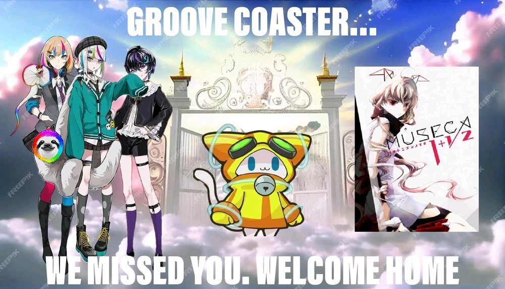 Groove Coaster's POV of reaching heaven, greeted by the WACCA gang, Lilli, and the cat from CrossBeats