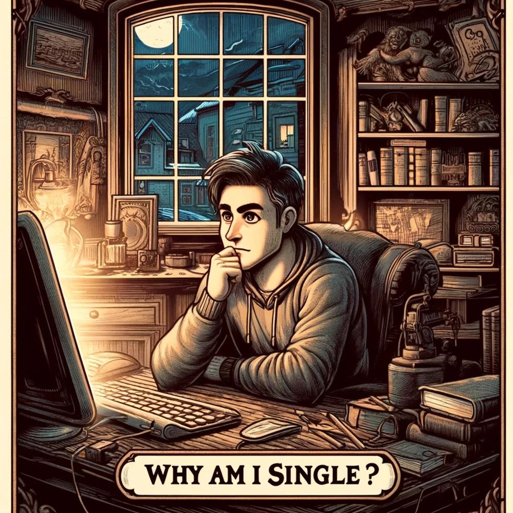 Young man with dark hair sits at a computer desk, contemplating dating life, in a room with a 'Why am I single?' caption.
