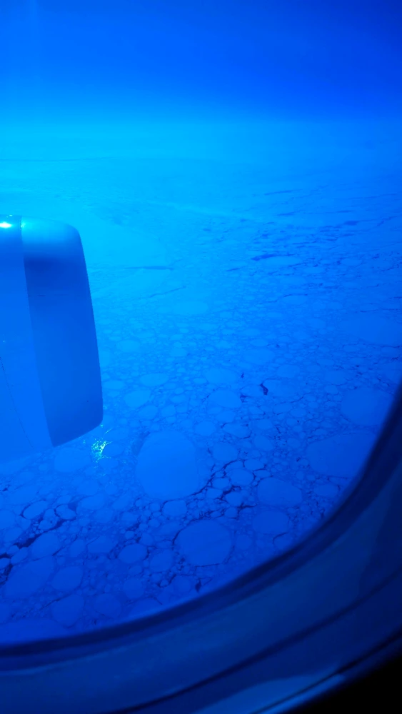 Image from the window seat of a Boeing 787 of Hudson Bay and the left engine. Blue hue due to tinting applied to window. 