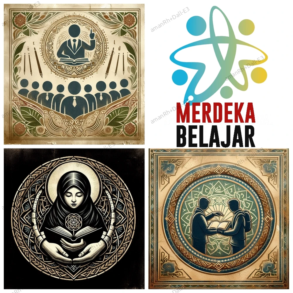 collage of 3 pictures of ai generated art with topic "Hari Pendidikan Nasional" in Indonesia, with logo of Merdeka Belajar