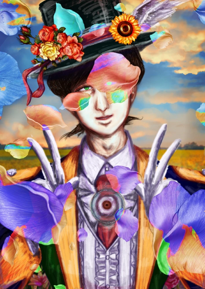 沢山の花弁に囲まれた茶髪の紳士。
緑色の目をしており、色白。
貴族の様な服を着ており、シルクハットを被っている。