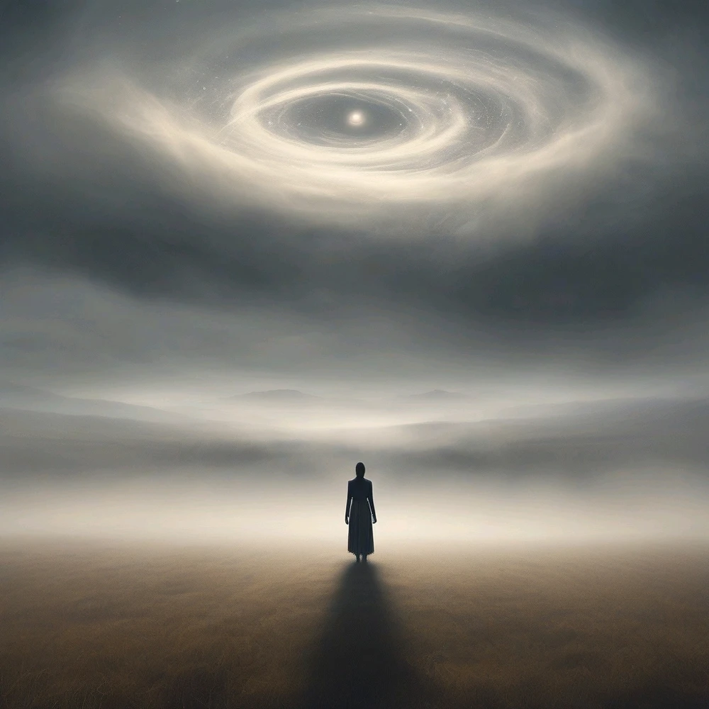A lone figure standing on a vast, open plain, arms outstretched, eyes closed, surrounded by swirling mists of perception, rea