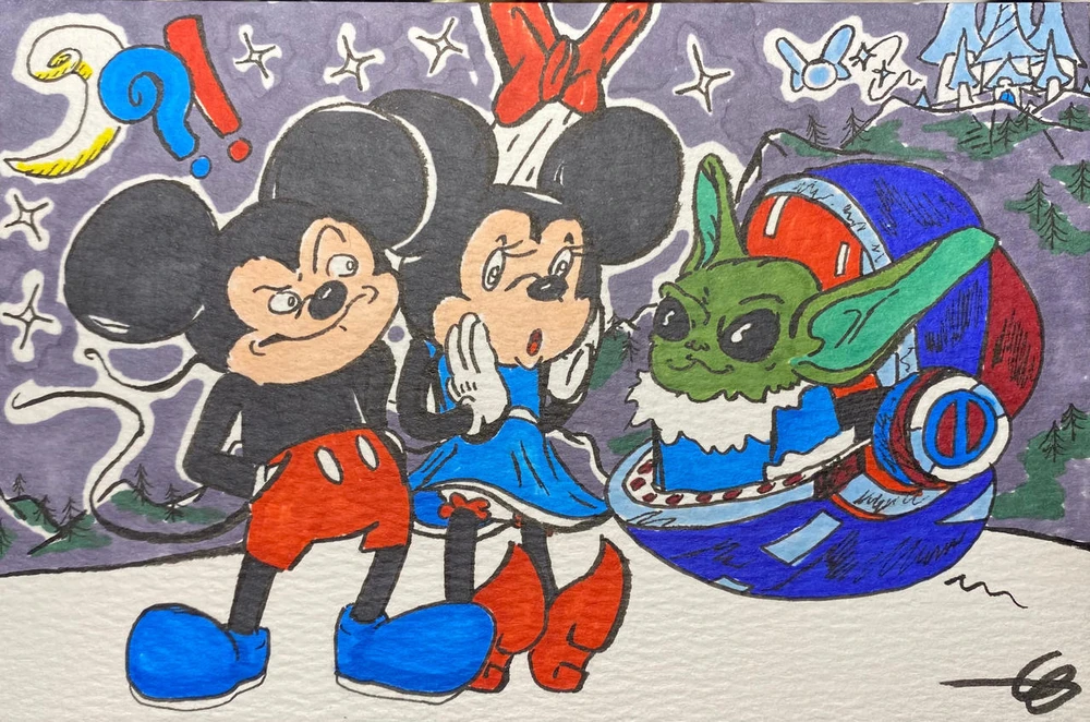 Mickey and Minnie Mouse meeting Grogu, AKA the child or baby yoda.