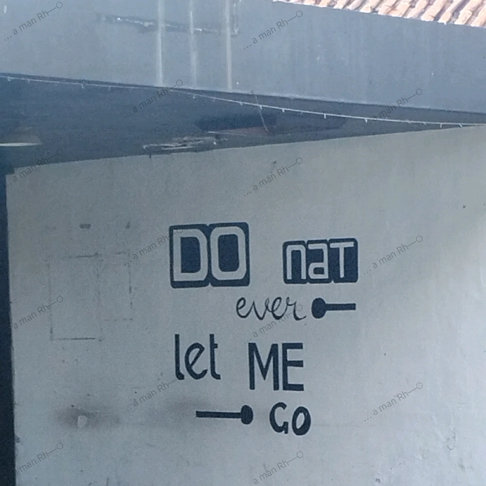 graffiti "do nat ever let me go", a joke from "do not ever let me go", "donat" is the joke here.