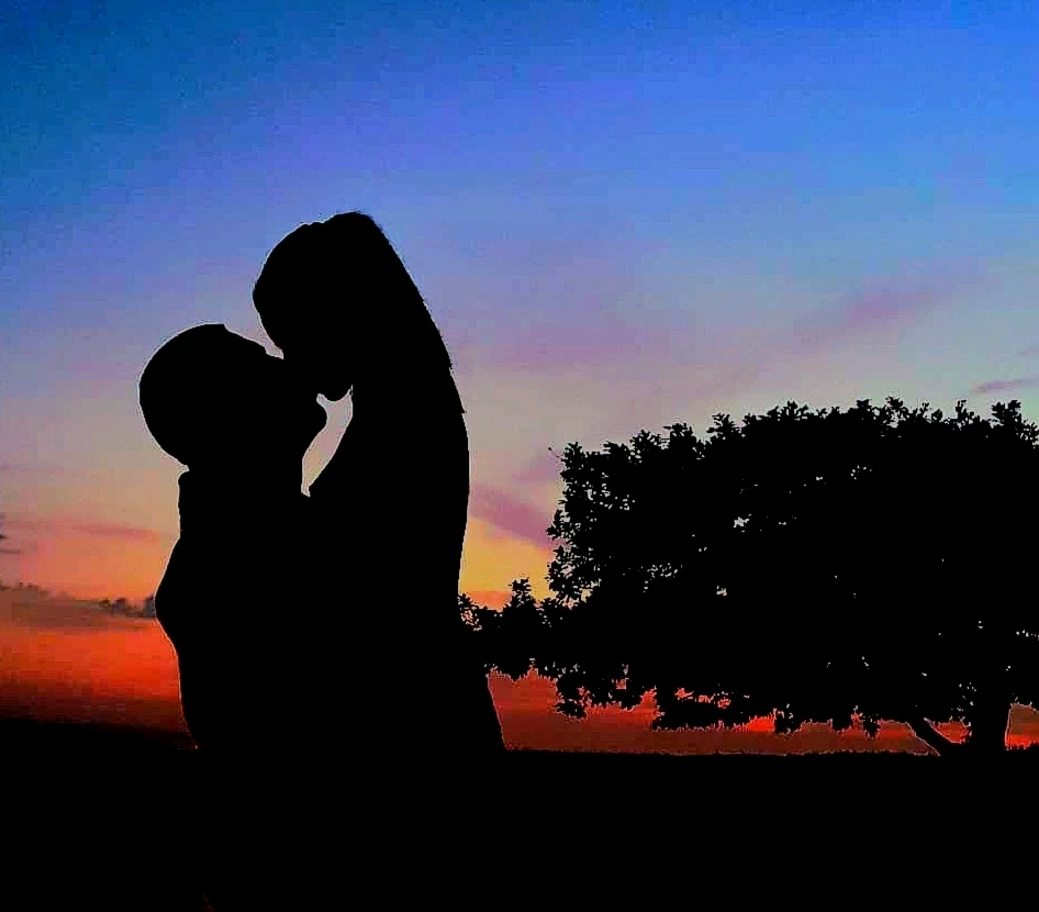 Two people in love, kissing during sunset, beautiful colors, three and nature. Only the in love live, the others just exist.