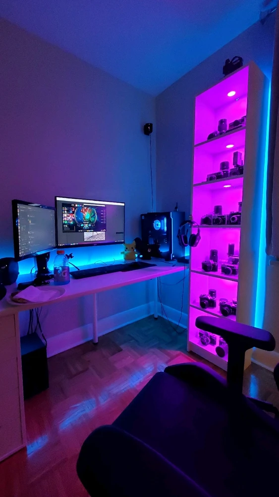 Added some lights to my desk, posters will go up next, and then after that maybe a third monitor? 👀