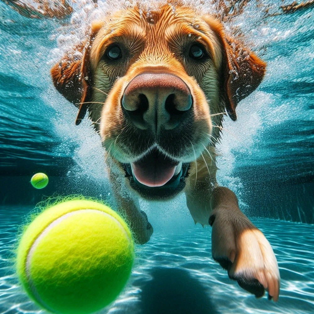 close up portrait of a Labrador Retriever chasing a tennis ball under water, Go Pro Image