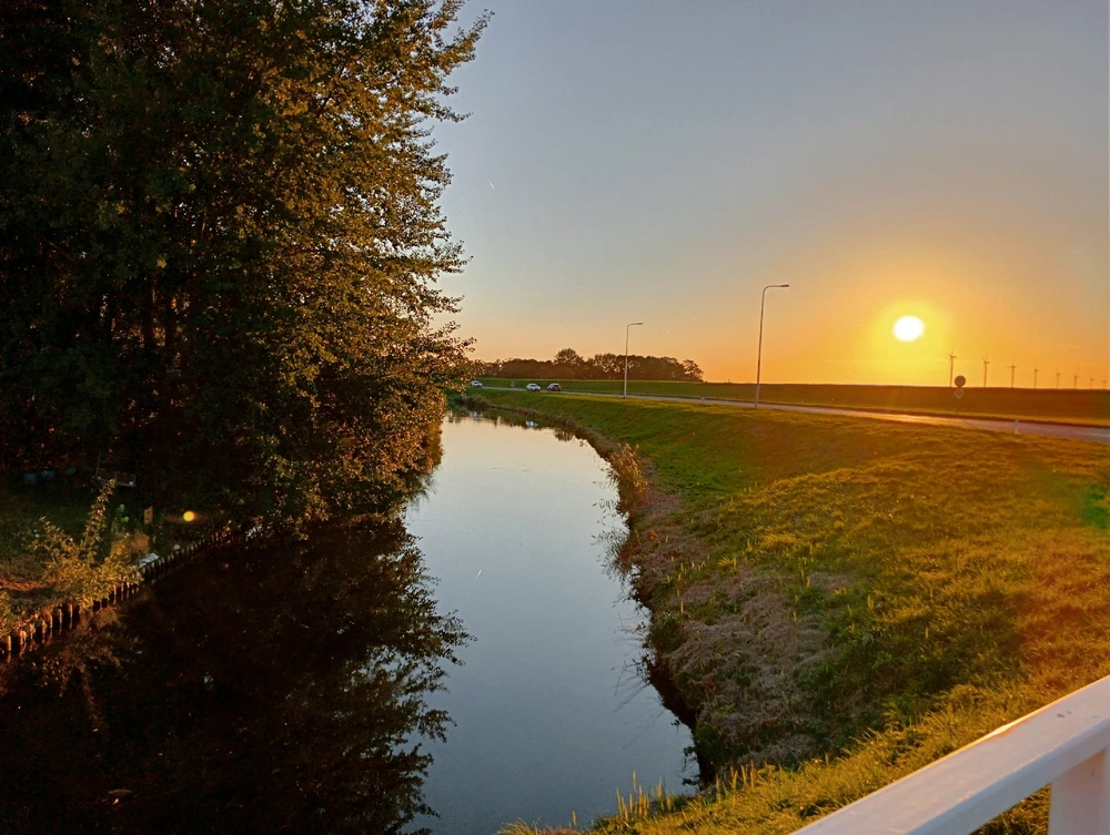 Pic from 🇳🇱 on a sunny day and I caught the sun , on a bridge , surrounded by threes and a lake , yeah , I want to go there 