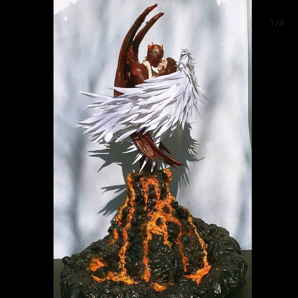 Mixed media sculpture demon angel heaven hell star cross lovers