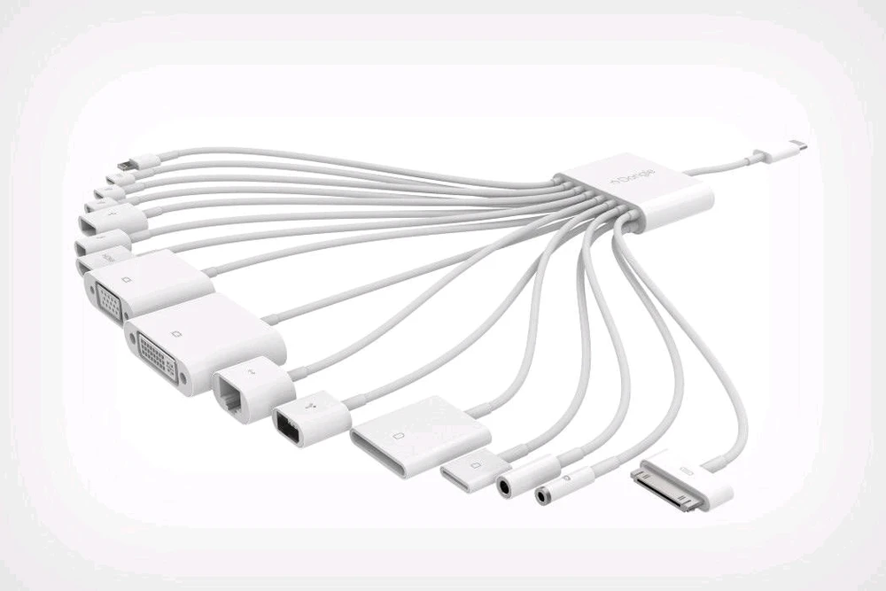 Photoshopped USB-C dongle with more than realistic connectors on the other end (20 different ones).