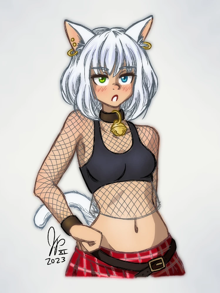 An anime-style drawing of a punk girl with white hair and matching cat ears and tail