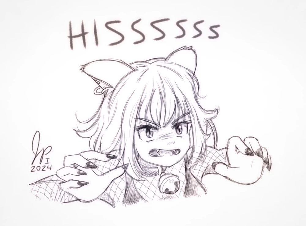 An anime-ish line drawing of an angry catgirl hissing loudly, baring her long fingernails like claws