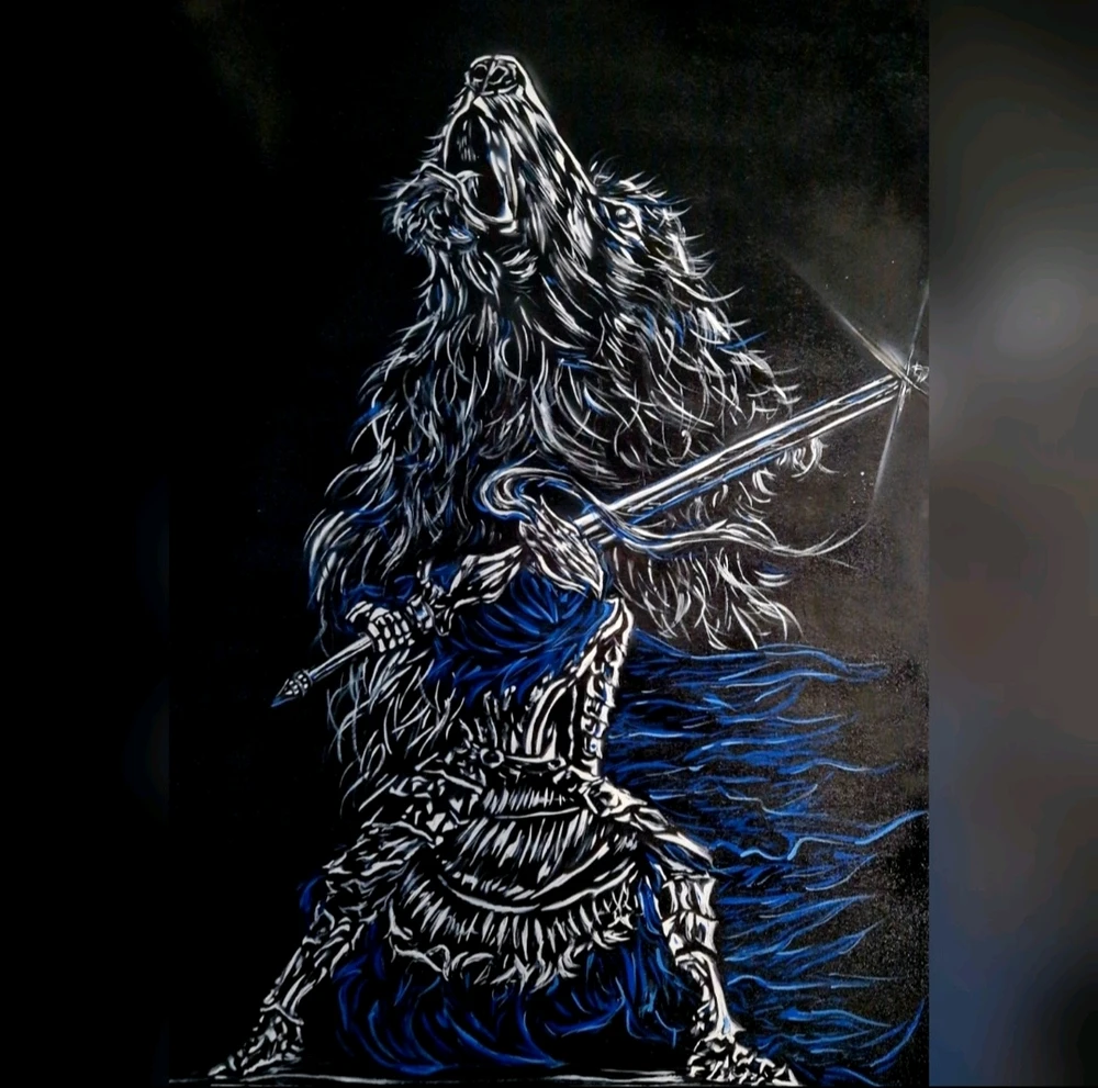 An 90x100 cm, life-size painting of dark souls made with spray cans and a brush.