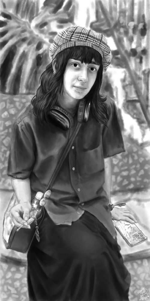 Retrato en blanco y negro de un enby que tendria que ser ilegal ser tan lindo :V