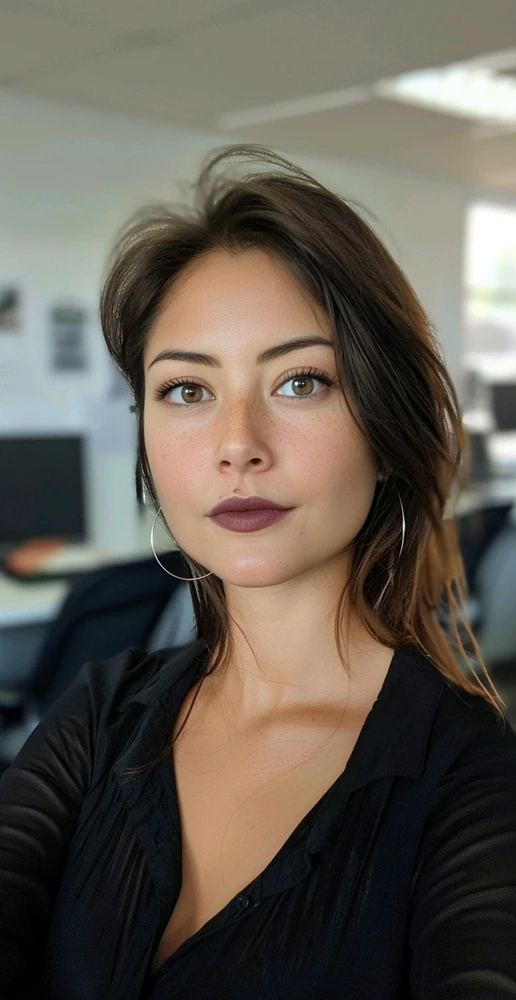 An attractive woman's face in an office setting. She is of mixed ethnicity, Kazak and Russian.