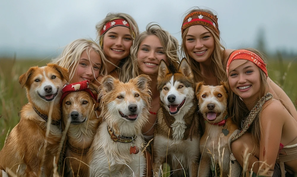 Five young Canadian women, all blonde and smiling, with their dogs whose fur shows that they have been playing in the river.
