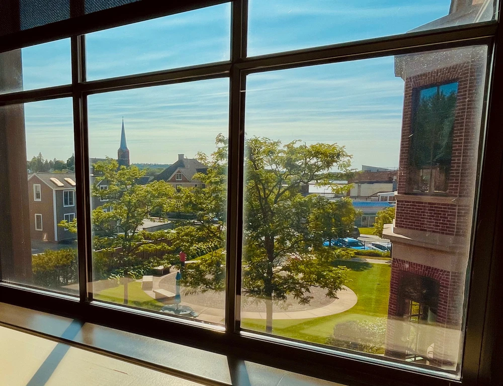 Looking out of a window photo. We see downtown homes & shops. Cathedral in the distance. It’s a blue sky day with lush trees.