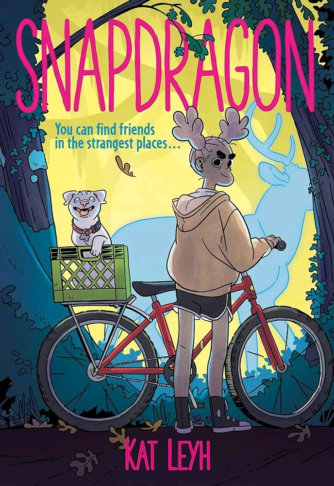 Book cover art of Snapdragon and her dog. Snapdragon is holding her bicycle and her dog is in the rear basket.