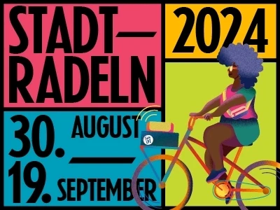Bewerbung des Stadtradeln Events vom 30.08. bis zum 17.09. 2024 in Leipzig. Bunt unterlegt mit einer Radlerin.