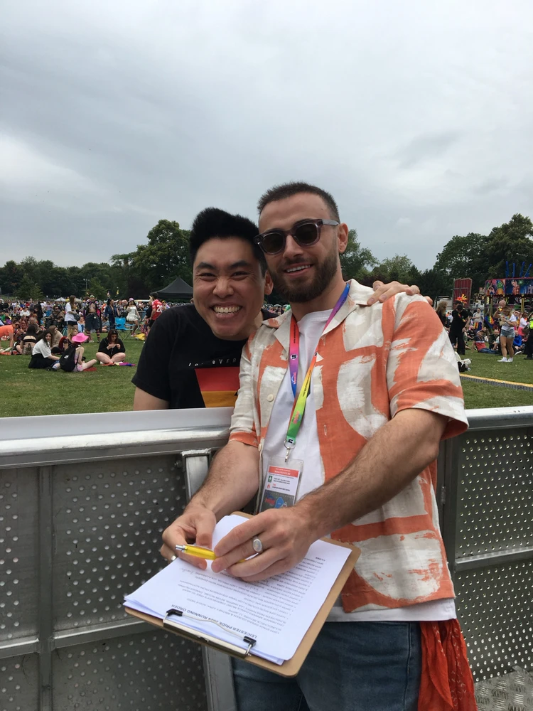 Me with Zander Murray, first gay Scottish footballer at Leicester Pride. Zander Murray is the presenter!