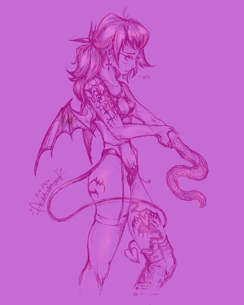 Tattooed demon girl wearing leather underwear, one of her arms is Turing into a tentacle.