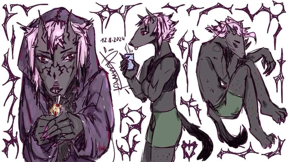 Furry with pink hair and face tattoos is smoking a cigarette, ref sheet with multiple poses, sleeping, standing, smoking.