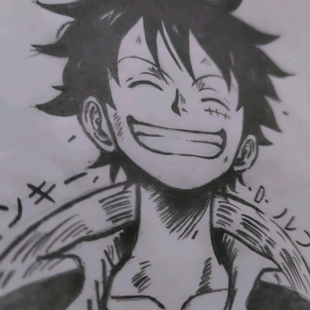 A sketch of One Piece's main protagonist, Luffy, smiling as always, capturing his carefree spirit with his iconic wide scar.