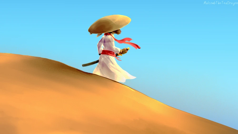 An anthro rabbit stands on a sand dune. They are dressed in a robe, sash, and a large shallow-domed hat.