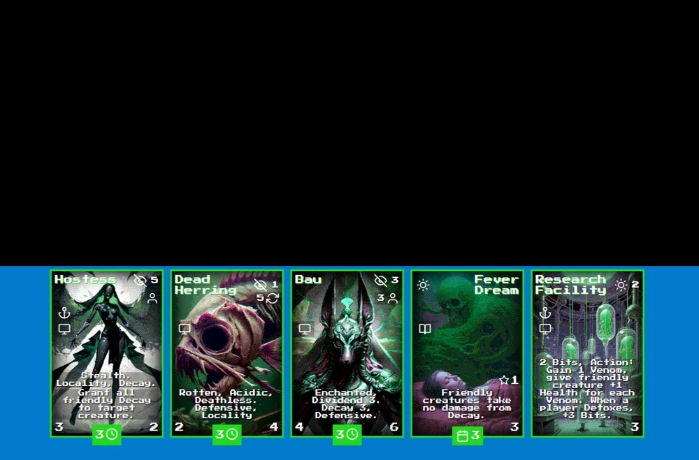 Screencap of digital card game featuring five sample cards